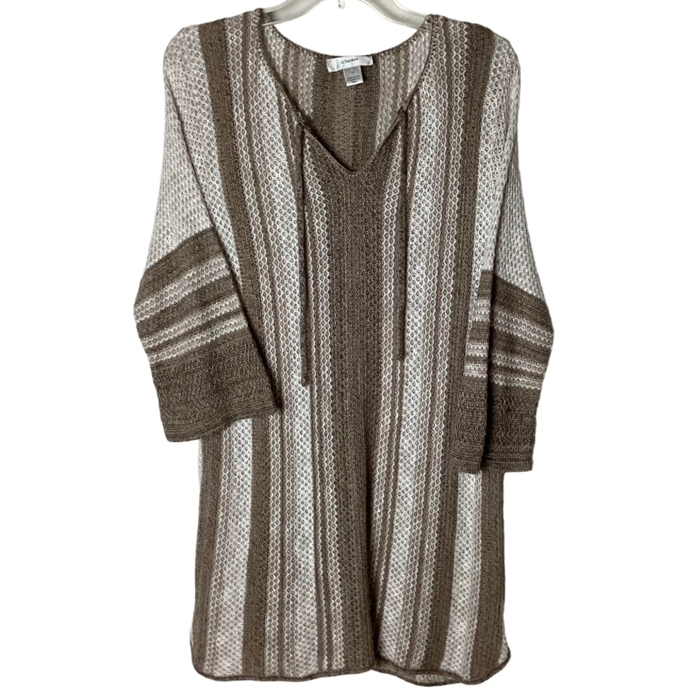 CJ Banks Stripe Knit Tunic Top Bell Sleeves Browns & White Size 1X